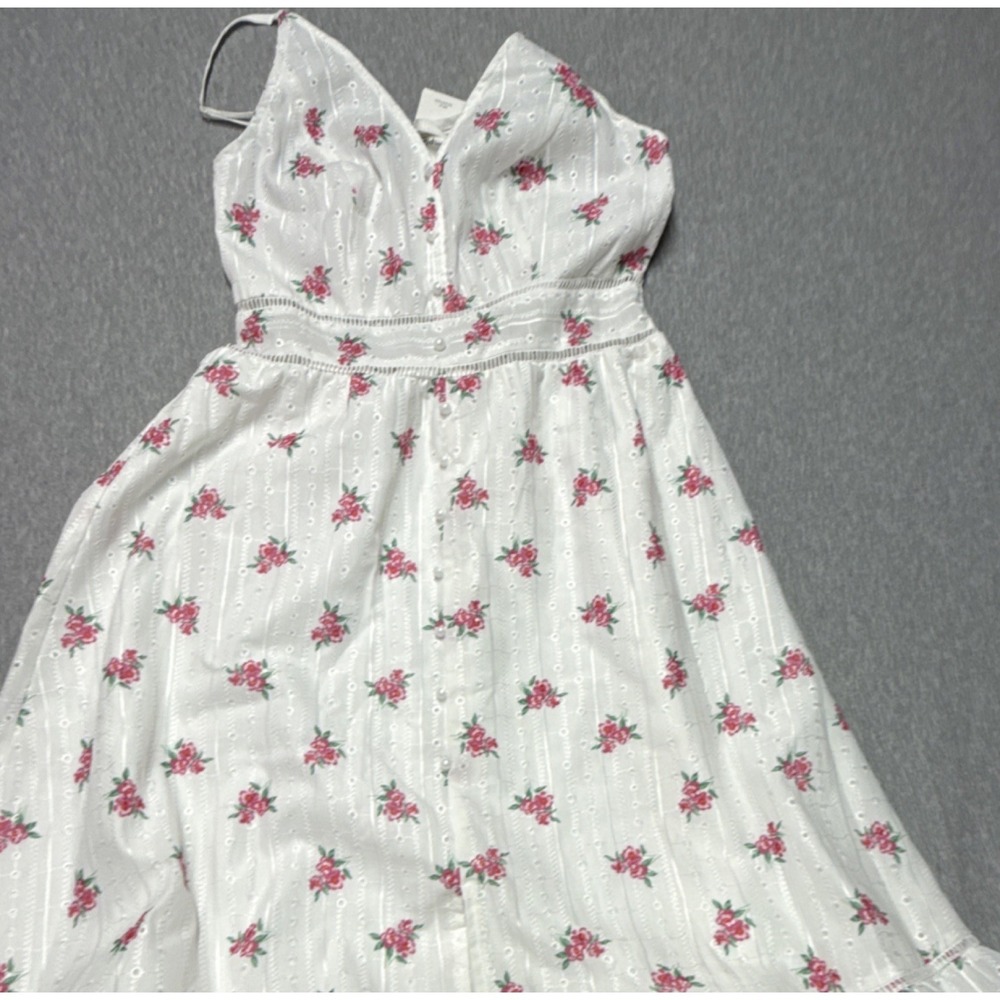 Simplee midi Dress M White Pink Green Floral Eyelet Sleeveless Straps Lined